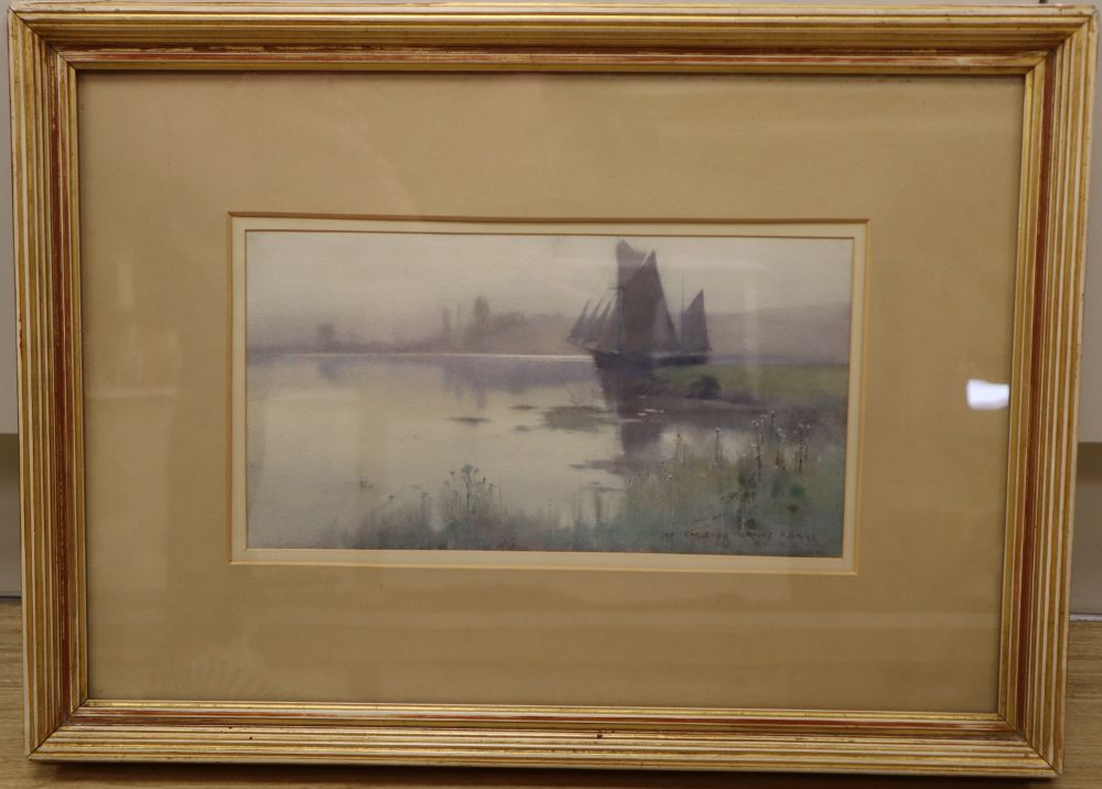 Carleton Grant RBA (1860-1930), watercolour, Sailing ship on a misty estuary, signed and dated 97, 17 x 32cm